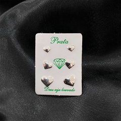 TRIO DE BRINCOS CORAÇÕES CHAPADOS - 1,7 G - PRATA 925 - comprar online