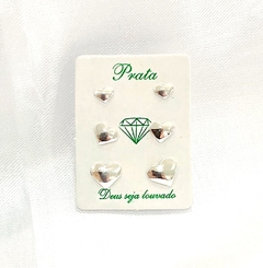 TRIO DE BRINCOS CORAÇÕES CHAPADOS - 1,7 G - PRATA 925