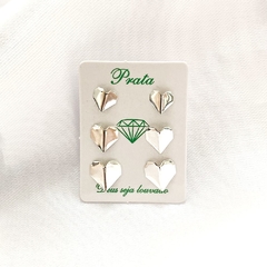 TRIO DE BRINCOS CORAÇÕES ORIGAMI - 2 G - PRATA 925