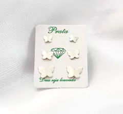 TRIO DE BRINCOS BORBOLETAS LISAS - 1,8 G - PRATA 925