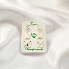 TRIO DE BRINCOS BORBOLETAS E ZIRCÔNIA - 2,1 G - PRATA 925