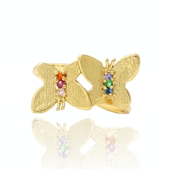 ANEL DUAS BORBOLETAS COM ZIRCÔNIAS COLORIDAS - BANHADO A OURO 18K