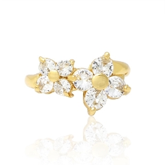 ANEL DUAS FLORES COM ZIRCÔNIAS - BANHADOA OURO18K