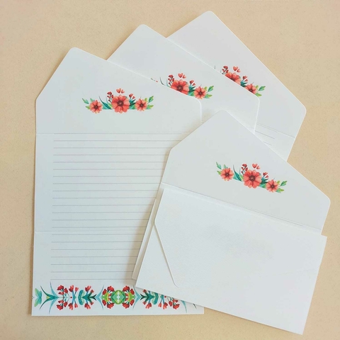 Papel de Carta Coleção Dois em Um 05 unidades | Microcotelê FLORAL VERMELHO - comprar online