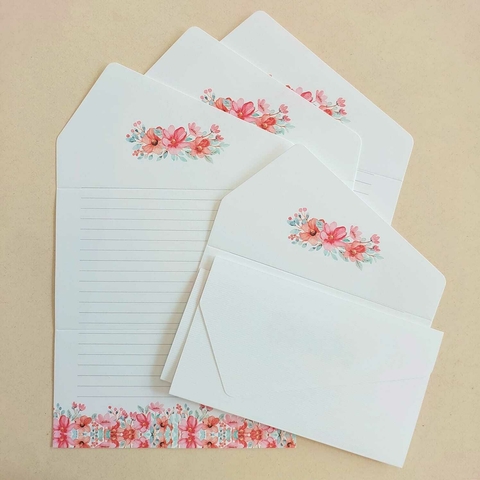 Papel de Carta Coleção Dois em Um 05 unidades | Microcotelê FLORAL ROSA - comprar online