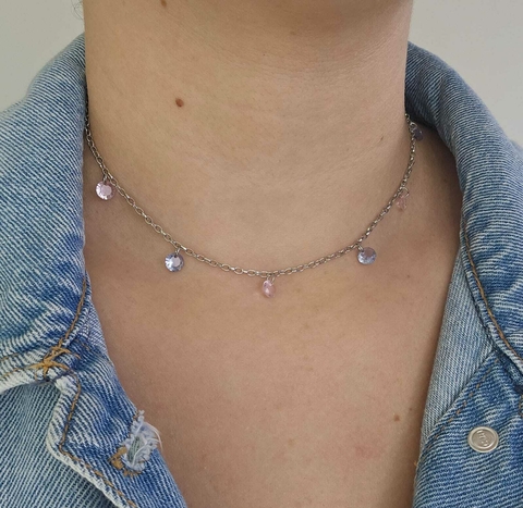 Colar Choker Pedrinha Rosa e Lilás Aço Inox