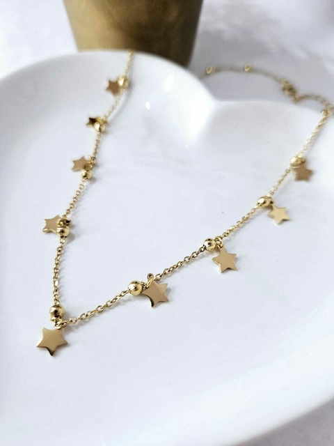 Colar Choker Estrelas e Bolinhas Aço Inox com Dourado - comprar online