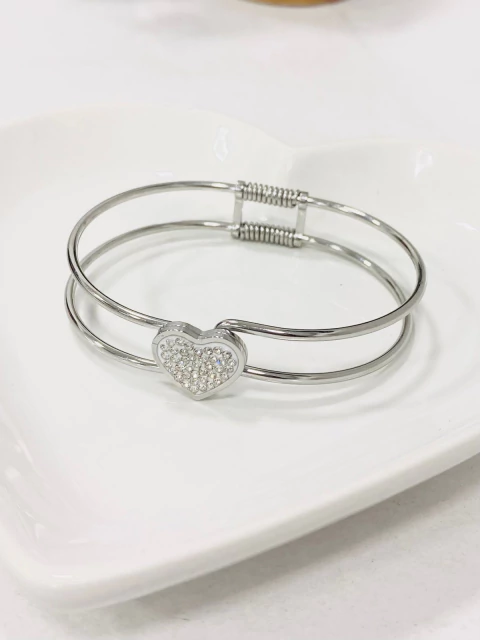 Bracelete Aro Duplo Coração Cravejado Pedrinhas Aço Inox - comprar online