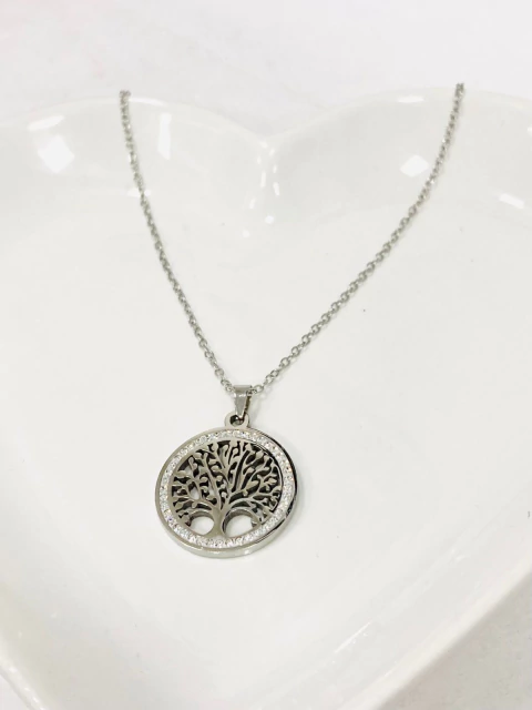 Colar Árvore da Vida Cravejado Pedrinhas Aço Inox - comprar online