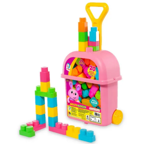 CARRINHO DE PUXAR COM 20 BLOCOS ROSA