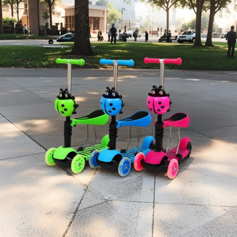 Patinete Infantil 3 Rodas Joaninha 2 em 1 com Luz