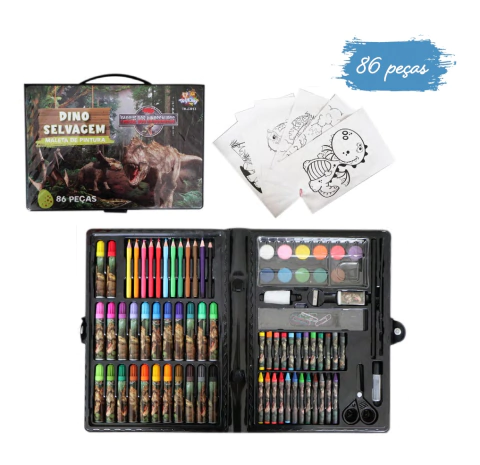 KIT MALETA PINTAR DINO SELVAGEM MALETA COLORIDA C/ 86 PCS