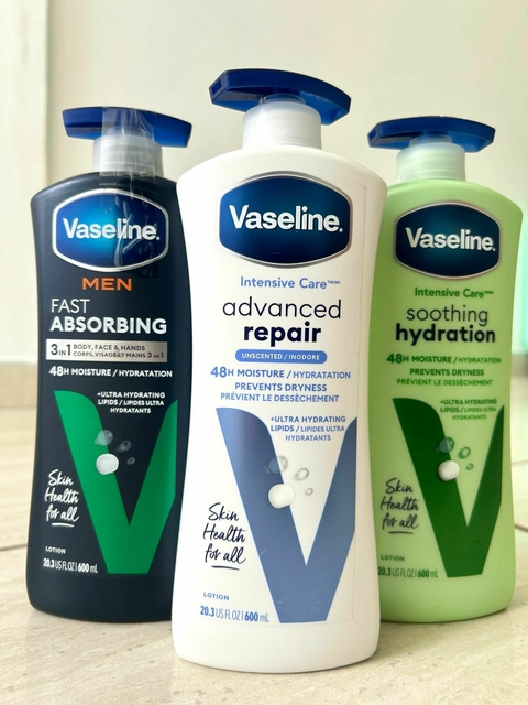 Kit promocional com 3 hidratantes Vaseline 600ml (Men, Aloe Vera e Sem cheiro)