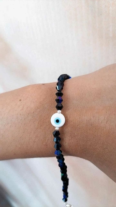 PUL046 PULSERA CRISTALES NEGRO TORNASOL CON OJITO TURCO