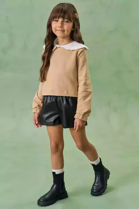 Conjunto Infantil de Blusão Boxy em Moletom sem Pelúcia com Shorts em Couro Sintético Infanti - 80899