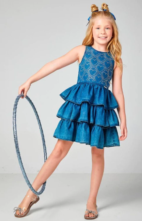 Vestido Infantil Jeans em Babado em Pedrarias Luluzinha - 090857325