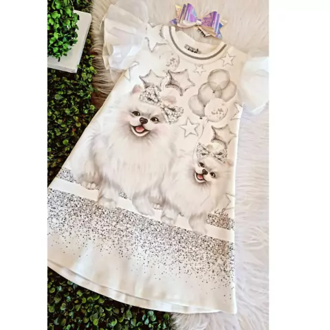 Vestido Infantil Branco E Prata Cachorrinhos Kukie-61206