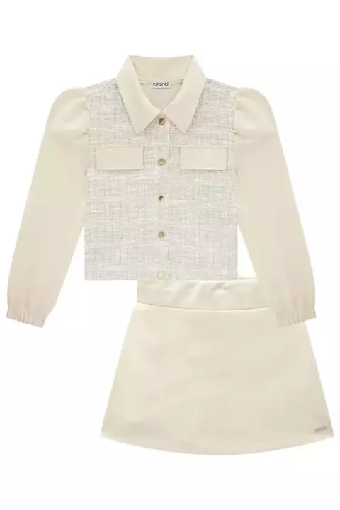 Conjunto Infantil de Jaqueta Boxy e Short Saia em Malha Twill Brilho Infanti - 79807 - Bege