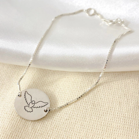 Pulseira Personalizada de Prata Veneziana, Tradicional Embutido, Plaquinha Redonda