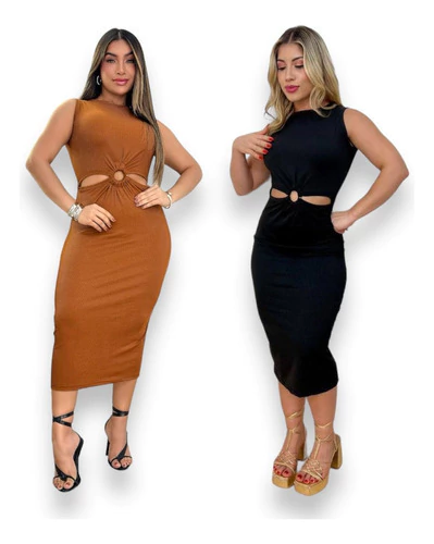Kit 2 Vestidos Midi Com Detalhe De Argola Na Frente