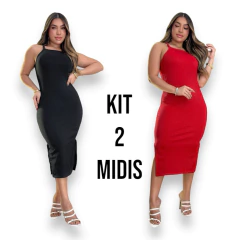 Kit 2 Vestidos Midi Feminino de Alça Básico Longo