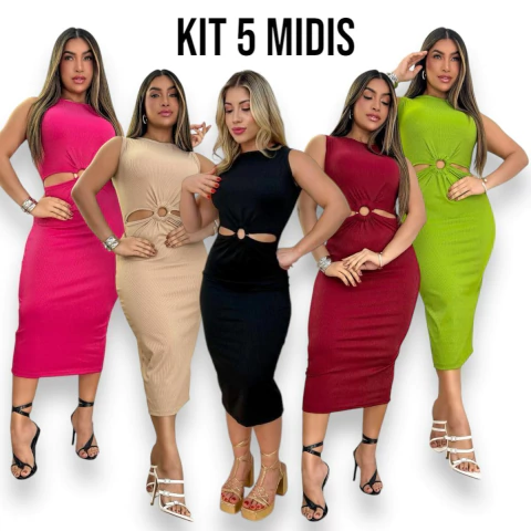 Kit 5 Vestidos Midi No Canelado Com Detalhe de Argola