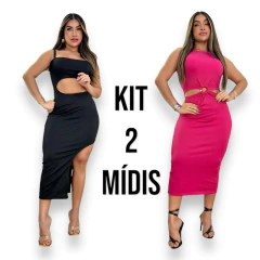 Kit 2 Vestidos Midi Feminino No Canelado De Alcinha e Com Detalhe de Argola - comprar online