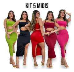 Kit 5 Vestidos Midi No Canelado Com Fenda Lateral Longo na internet