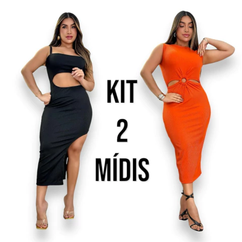 Kit 2 Vestidos Midi Feminino No Canelado De Alcinha e Com Detalhe de Argola