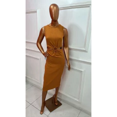 Vestido Feminino Midi No Canelado com detalhe de Argola na frente LVC20 - Dona Caah Conceito