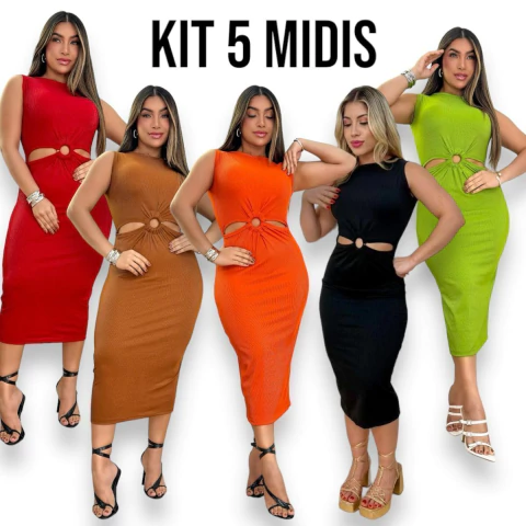 Kit 5 Vestidos Midi No Canelado Com Detalhe de Argola Longo