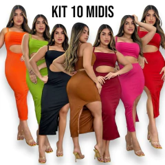 Kit 10 Vestidos Midi No Canelado Com Fenda Lateral Longo - comprar online