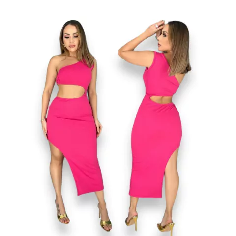 Vestido Midi com detalhe de Argola com Fenda Lateral Longo LVC18