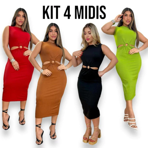 Kit 4 Vestidos Midi No Canelado com Detalhe de Argola Longo
