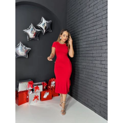 Vestido Midi Básico de Manga Com Fenda - Dona Caah Conceito