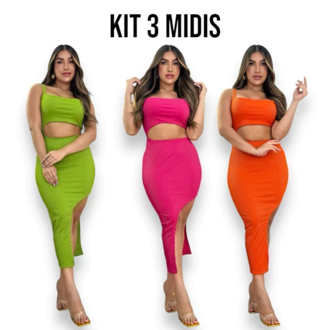 Kit 3 Vestidos Midi No Canelado com Fenda Lateral Longo