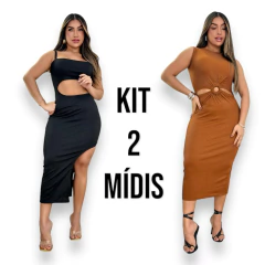 Kit 2 Vestidos Midi Feminino No Canelado De Alcinha e Com Detalhe de Argola na internet