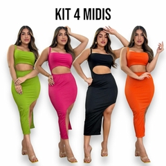 Kit 4 Vestidos Midi No Canelado com Fenda Lateral Longo