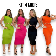 Kit 4 Vestidos Midi Canelado de Argola Cores Carnaval