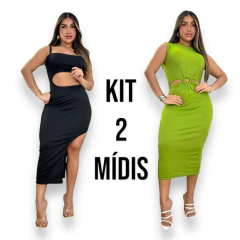 Kit 2 Vestidos Midi Feminino No Canelado De Alcinha e Com Detalhe de Argola