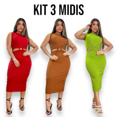 Kit 3 Vestidos Midi No Canelado Longo Com Detalhe de Argola - comprar online