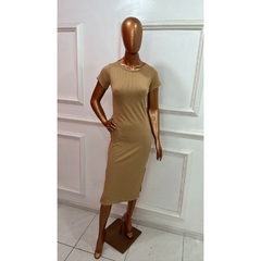Vestido Midi Básico de Manga Com Fenda