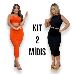 Kit 2 Vestidos Midi Feminino No Canelado De Alcinha e Com Detalhe de Argola - comprar online