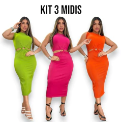 Kit 3 Vestidos Midi No Canelado de Argola Cores Carnaval