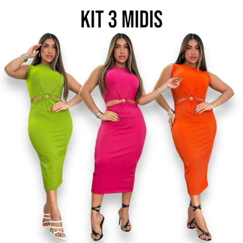 Kit 3 Vestidos Midi No Canelado de Argola Cores Carnaval