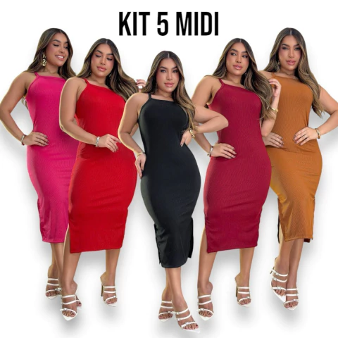 Kit 5 Vestidos Midi Feminino de Alça Básico Longo