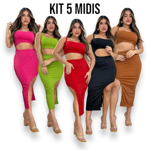 Kit 5 Vestidos Midi No Canelado Com Fenda Lateral