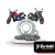 Kit de relação de transmissão para motocicletas CB 300F Twister, composto por corrente, coroa e pinhão em aço, exibido em pedestal branco com duas motos modelo CB 300F Twister ao fundo, em cores vermelho e preto.