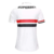 Camisa feminina branca do São Paulo I 2025/26 da New Balance, mostrando a parte de trás com detalhes em vermelho e preto.