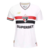 Camisa feminina branca do São Paulo, modelo 2025/26 da New Balance, com detalhes em vermelho e preto e logo da marca.